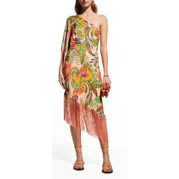 Farm Rio Womens One-Shoulder Fringe Midi Dress Tropical Parrot Medium NWT - Picture 3 of 9